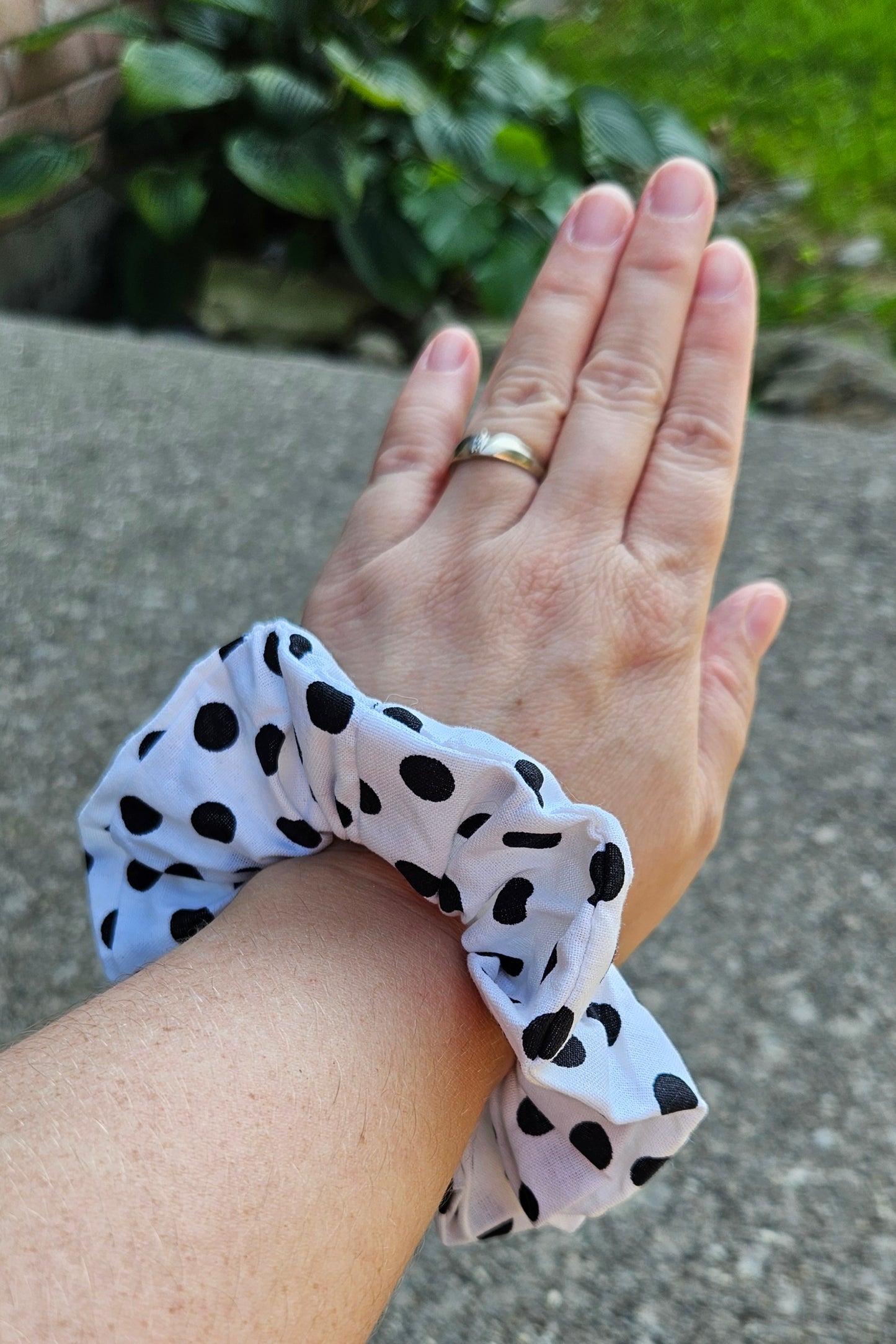 White with Black poka dots Hair Scrunchie, hair elastic, hair Accessories