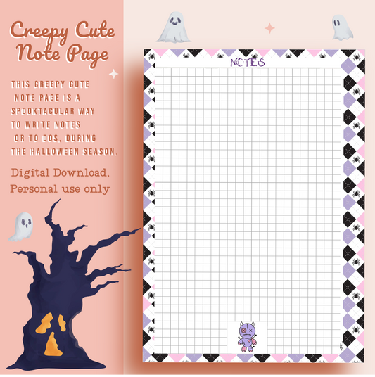 Spooky Cute Note page,Planner note page,Halloween, Stationary,Planning,plans, Grid paper, notes,Printable digital download,Personal use only