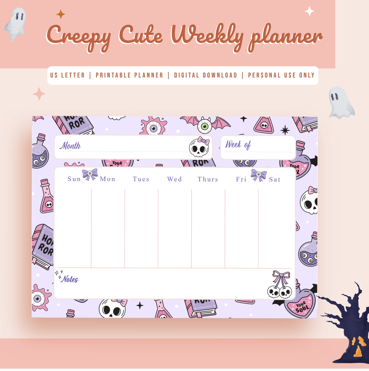Spooky Cute Weekly Planner,Desk top planner,weekly,Plans,Stationery, Halloween Stationery,Spooky, Printable,digital download,person use only