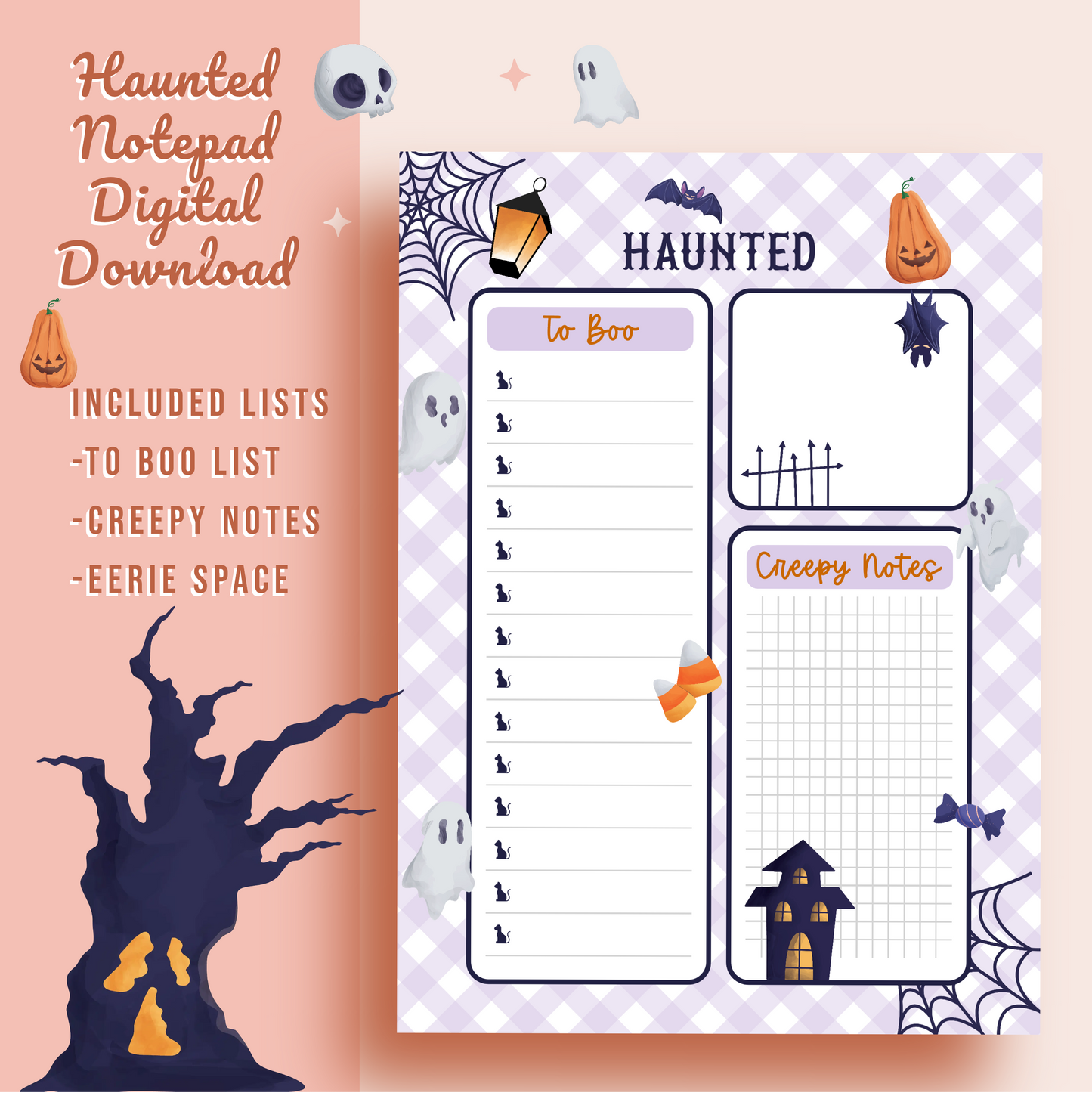 Haunted Note Pad, Digital Download, Halloween themed notepad, Planner, note taking, Spooky, desk notepad, printable, Personal use only, Note