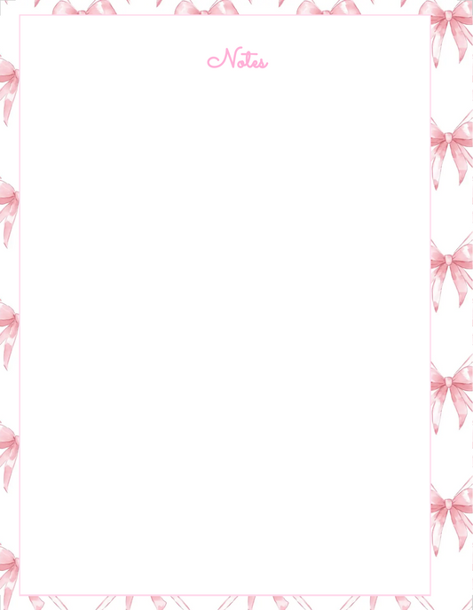 Croquette Bow Notes Page, Bows, Croquette style, Notes page, Note pad, Stationary, Pink Stationary, Note taking, Digital Download, Printable, Personal Use ONLY