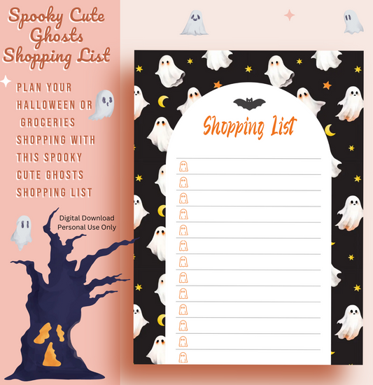 Spooky Cute Ghost Shopping List, Halloween themed groceries shopping list, List, Printable, digital download, personal use only