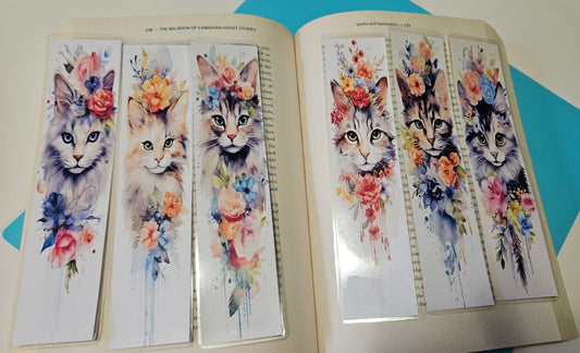 Set of 6 Water Colour Floral Cats Bookmarks for book lovers