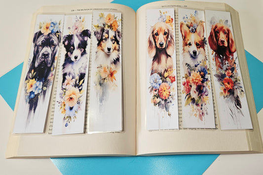 Set of 6 Water Colour Floral Dogs Bookmarks for book lovers, part 1
