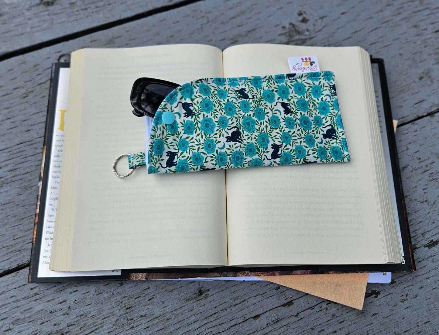 "Blue Night Florals and Cats" Sunglasses and Eyeglasses Fabric Cases with keychain loop