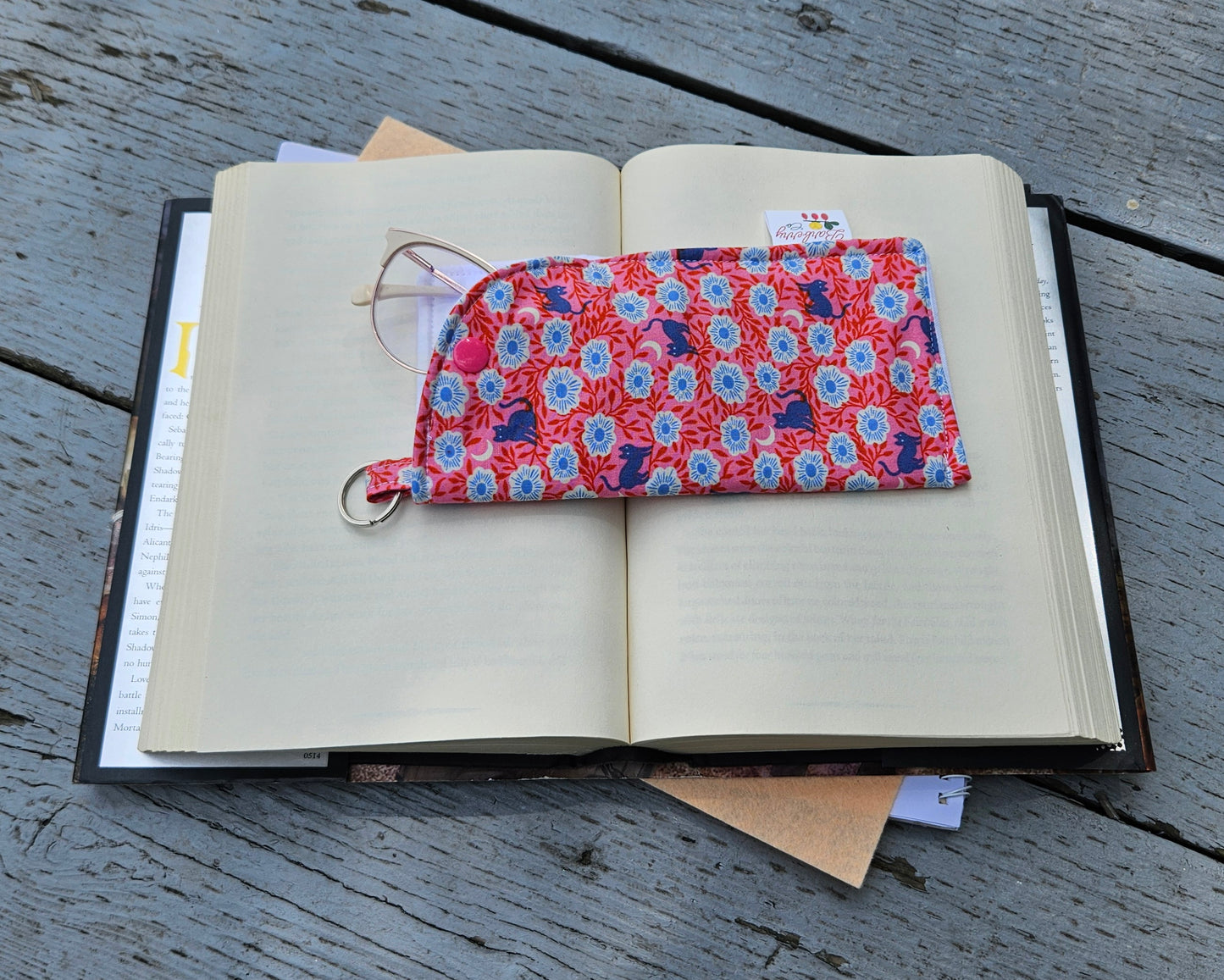 "Pink Night Florals and Cats" Sunglasses and Eyeglasses Fabric Cases with keychain loop