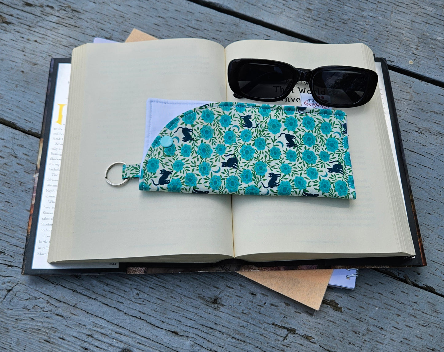 "Blue Night Florals and Cats" Sunglasses and Eyeglasses Fabric Cases with keychain loop