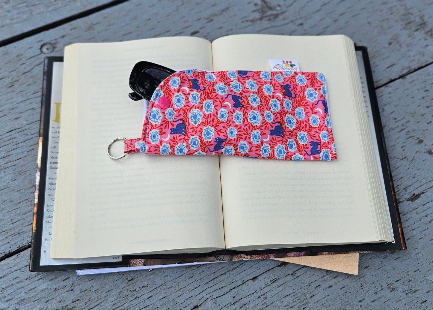 "Pink Night Florals and Cats" Sunglasses and Eyeglasses Fabric Cases with keychain loop