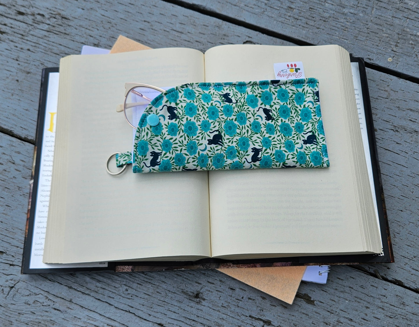 "Blue Night Florals and Cats" Sunglasses and Eyeglasses Fabric Cases with keychain loop
