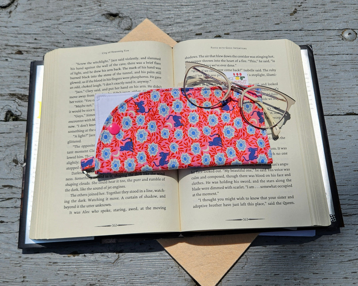 "Pink Night Florals and Cats" Sunglasses and Eyeglasses Fabric Cases with keychain loop