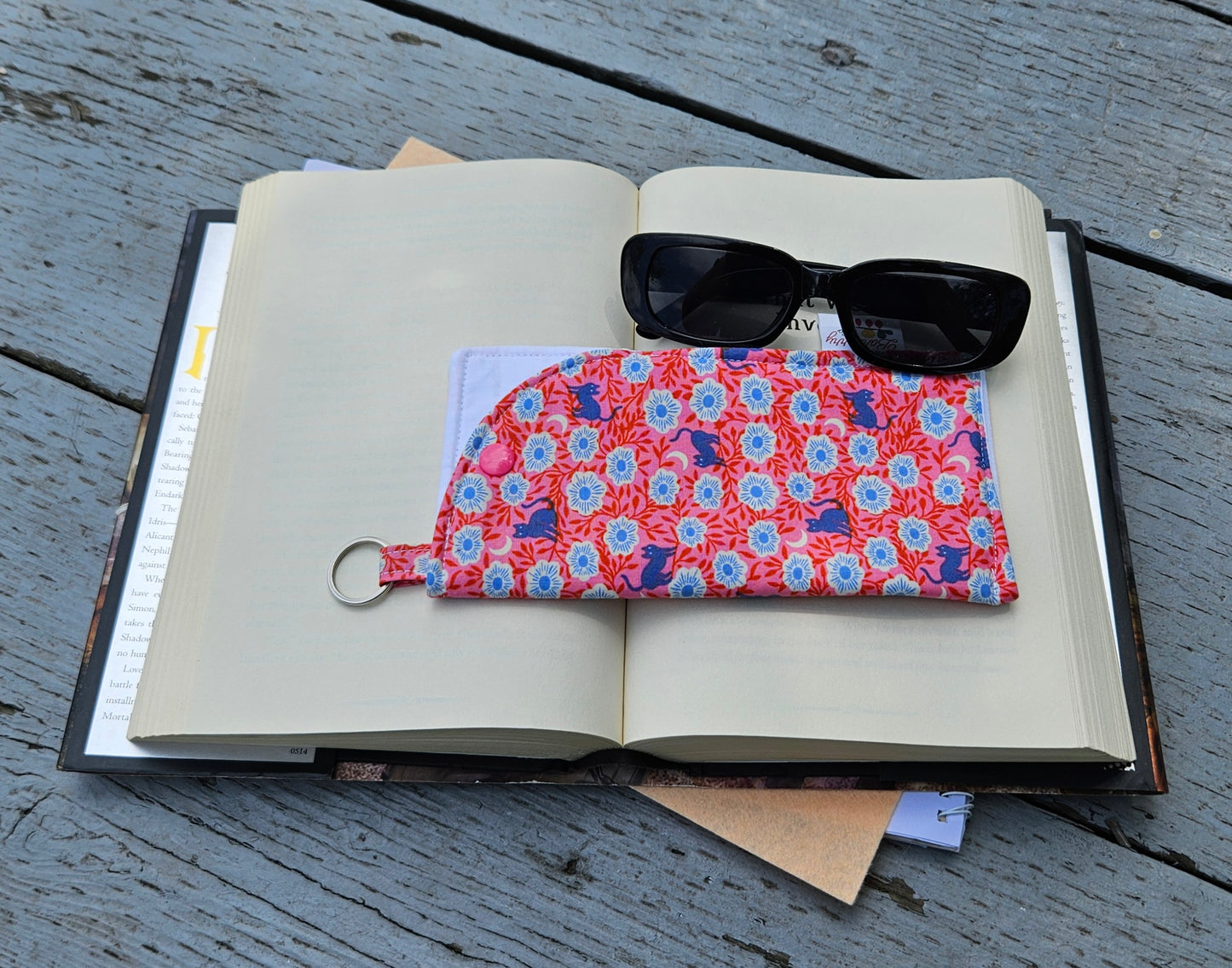 "Pink Night Florals and Cats" Sunglasses and Eyeglasses Fabric Cases with keychain loop