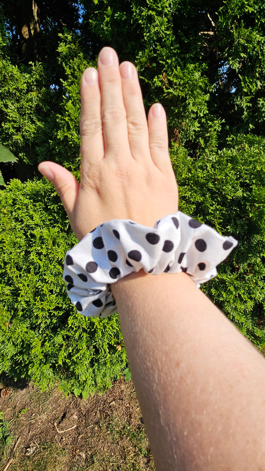 White with Black poka dots Hair Scrunchie, hair elastic, hair Accessories