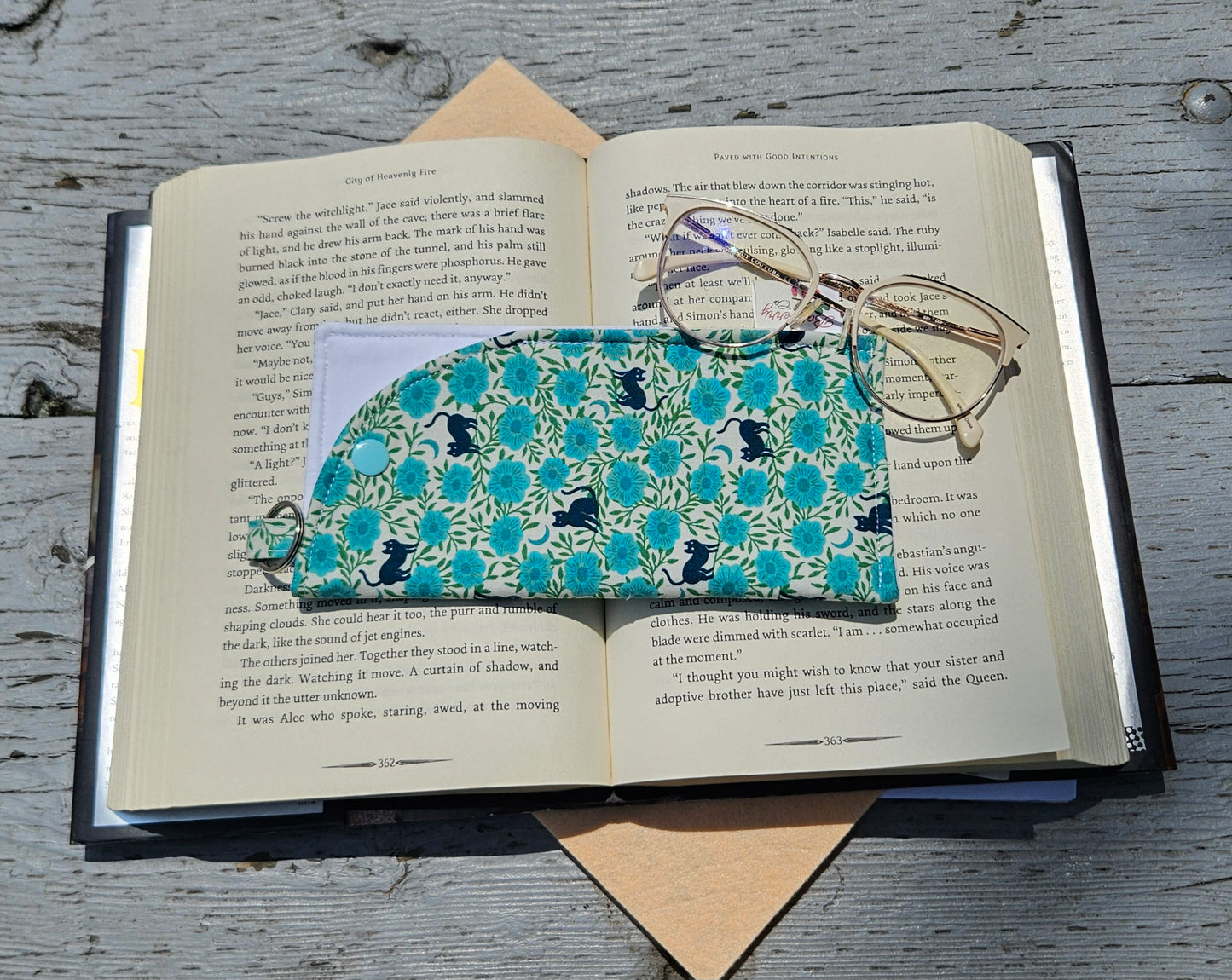 "Blue Night Florals and Cats" Sunglasses and Eyeglasses Fabric Cases with keychain loop