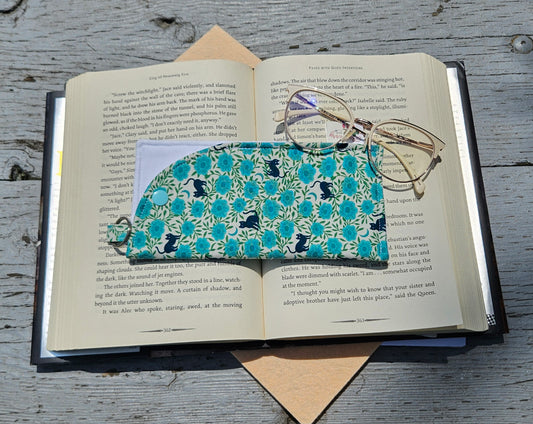 "Blue Night Florals and Cats" Sunglasses and Eyeglasses Fabric Cases with keychain loop