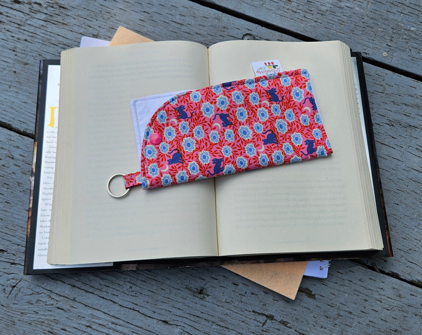 "Pink Night Florals and Cats" Sunglasses and Eyeglasses Fabric Cases with keychain loop