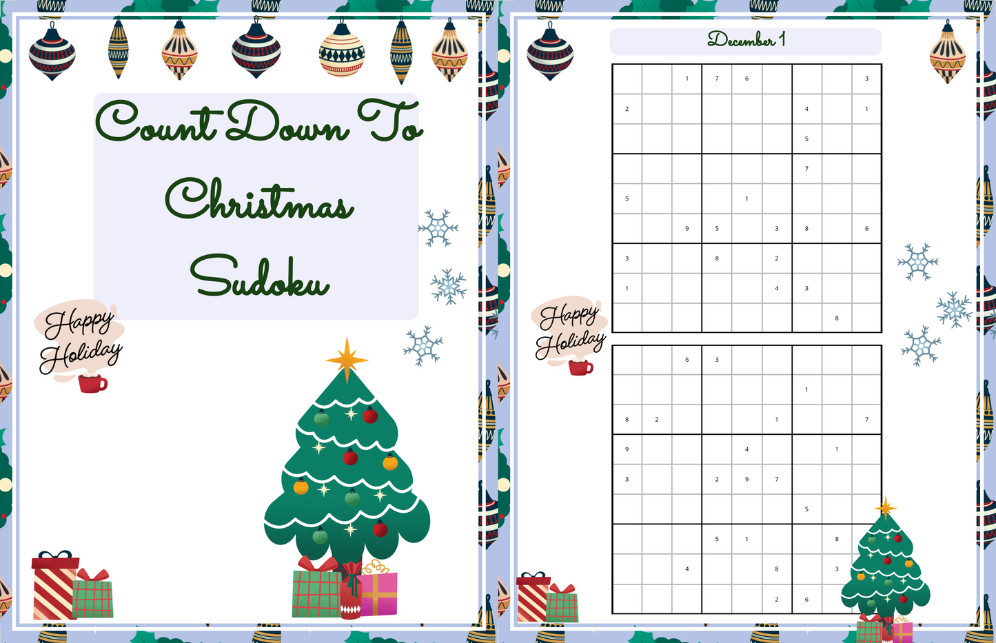 Count Down To Christmas Sudoku, Digital Download, Printable, Advent Calender, Sudoku Game, Personal Use ONLY, Holiday Games, Count down to Christmas