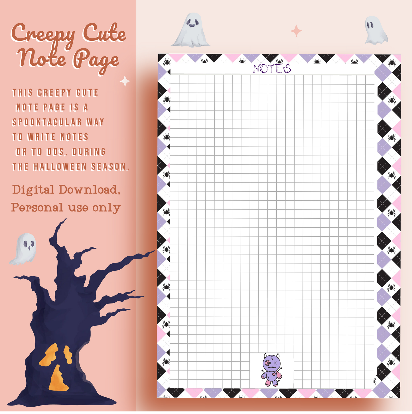 Spooky Cute Note page,Planner note page,Halloween, Stationary,Planning,plans, Grid paper, notes,Printable digital download,Personal use only