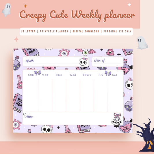 Spooky Cute Weekly Planner,Desk top planner,weekly,Plans,Stationery, Halloween Stationery,Spooky, Printable,digital download,person use only
