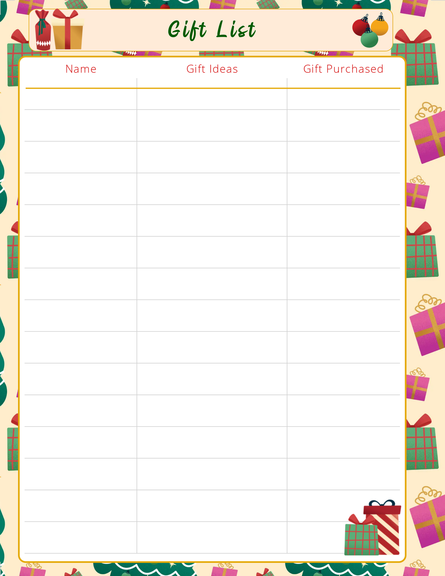 Gift List, Holiday Gift Shopping, Christmas Gift List, Digital Download, Prointable, Personal Use ONLY, Holiday organizing, Christmas orgainizing