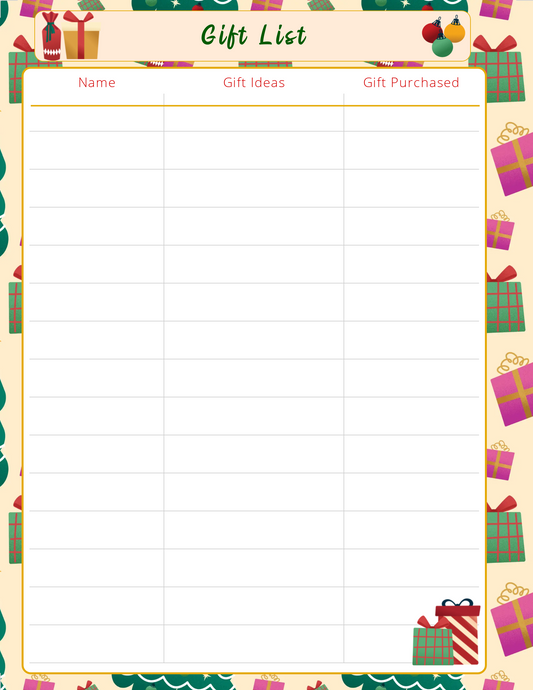 Gift List, Holiday Gift Shopping, Christmas Gift List, Digital Download, Prointable, Personal Use ONLY, Holiday organizing, Christmas orgainizing