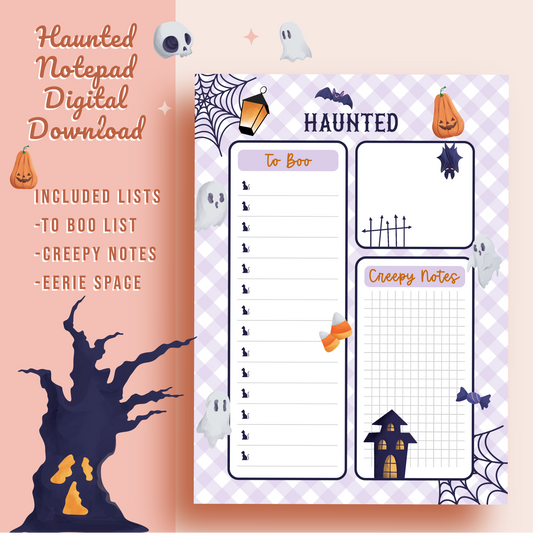Haunted Note Pad, Digital Download, Halloween themed notepad, Planner, note taking, Spooky, desk notepad, printable, Personal use only, Note