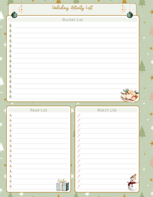 Holiday Activity List, Holiday Bucket List, Holiday to watch list, Holiday to read list, Digital Download, Printable, Personal Use ONLY, Read list, Bucket List, Watch List, Holiday Activity planning