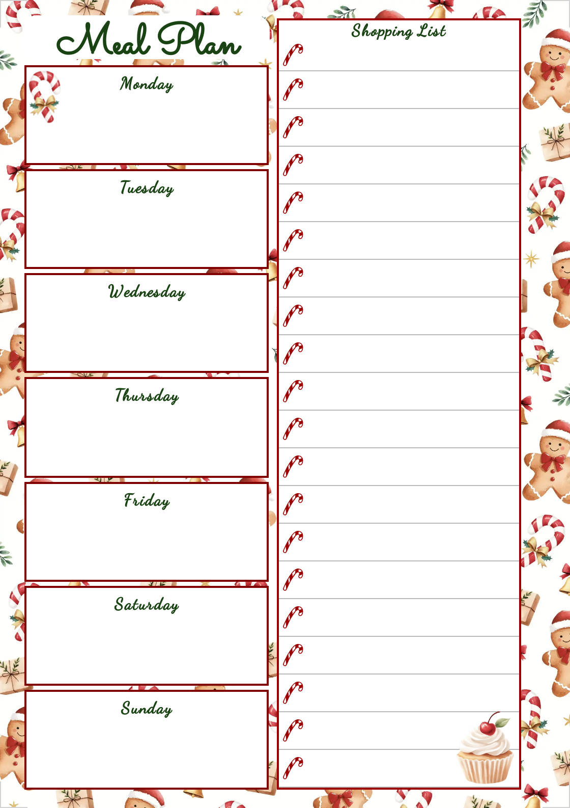 Holiday Weekly Meal Planner, Week Meal prep Planning, Shopping List, Digital Download, Printable, Person Use ONLY