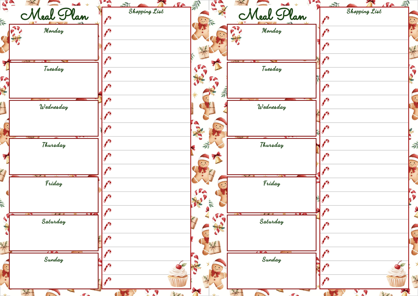 Holiday Weekly Meal Planner, Week Meal prep Planning, Shopping List, Digital Download, Printable, Person Use ONLY
