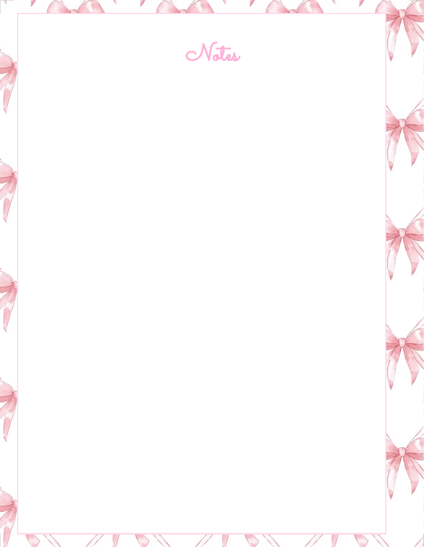 Croquette Bow Notes Page, Bows, Croquette style, Notes page, Note pad, Stationary, Pink Stationary, Note taking, Digital Download, Printable, Personal Use ONLY