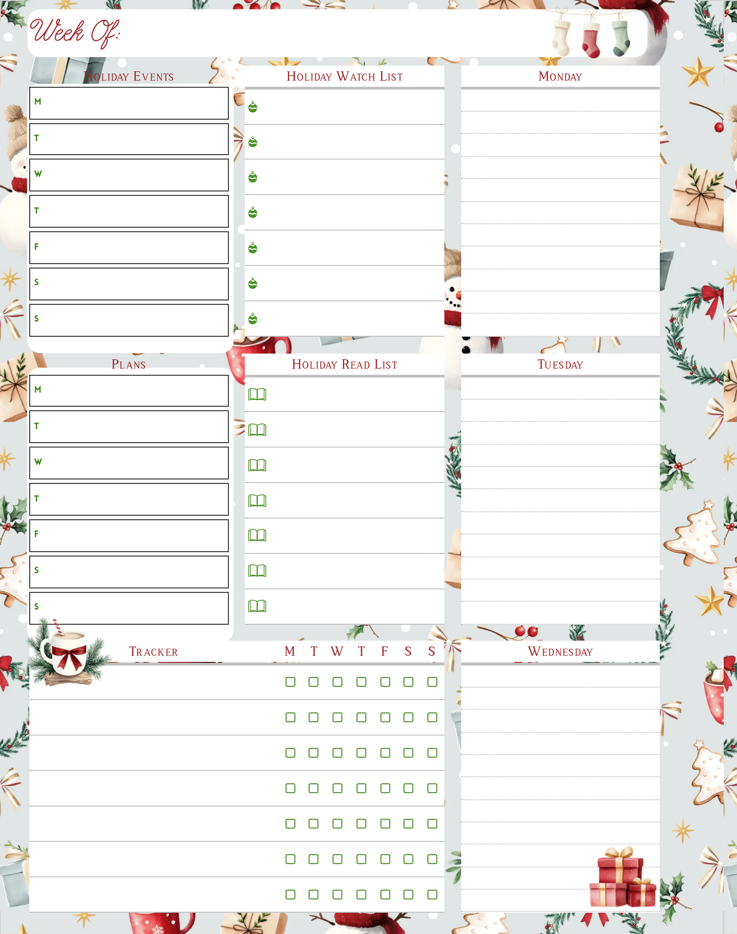 Cozy Holiday Weekly Planner, Wekkly Planning, To Do List, Bucket List, Watch List, Read List, Tracker,Digital Download, Printable, Personal Use ONLY
