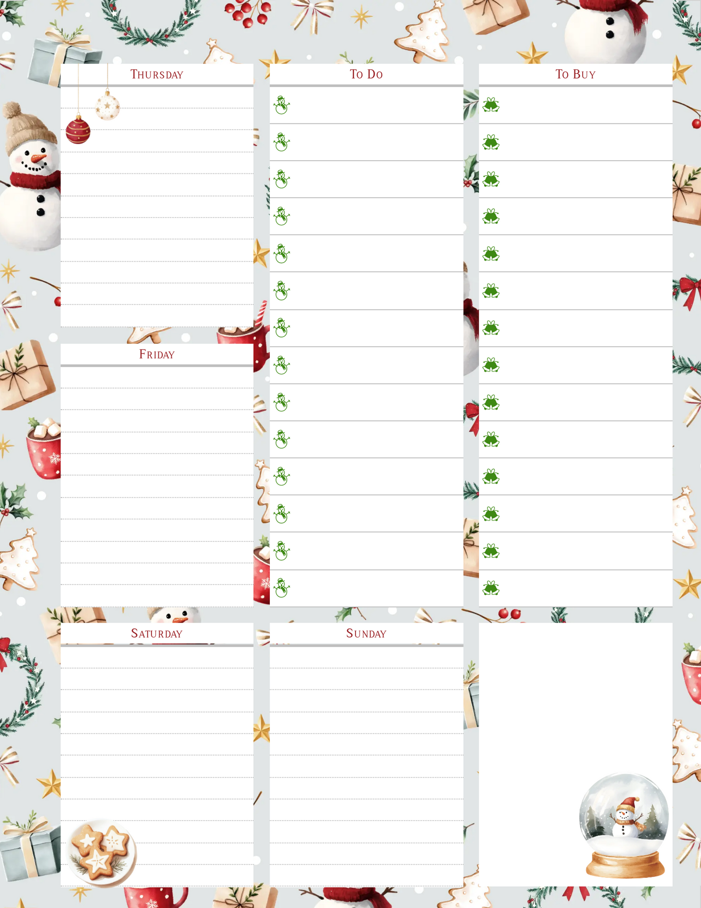 Cozy Holiday Weekly Planner, Wekkly Planning, To Do List, Bucket List, Watch List, Read List, Tracker,Digital Download, Printable, Personal Use ONLY