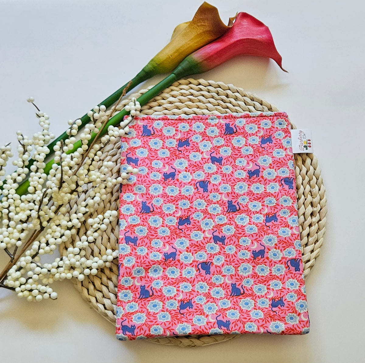 Pink Night Florals and Cats Book Sleeve for book lovers