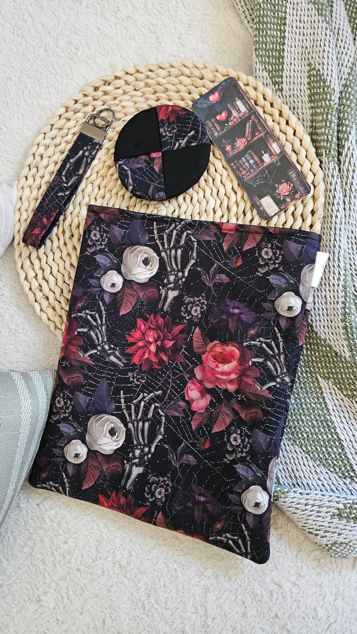 Dark Academia Reader's Bundle, books sleeve, wine glass coaster, Wristlet keychain, bookmark