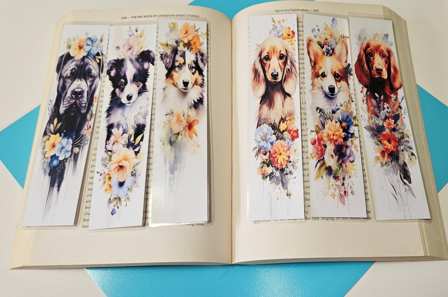 Set of 6 Water Colour Floral Dogs Bookmarks for book lovers, part 1