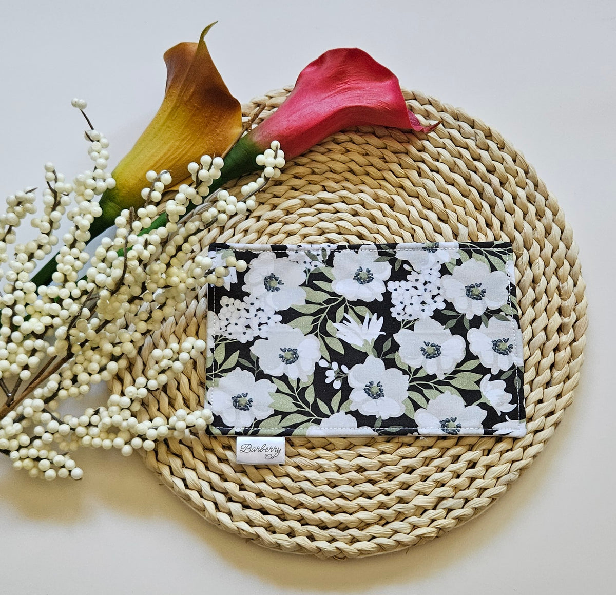 White And Black Florals Mug Rug Coaster
