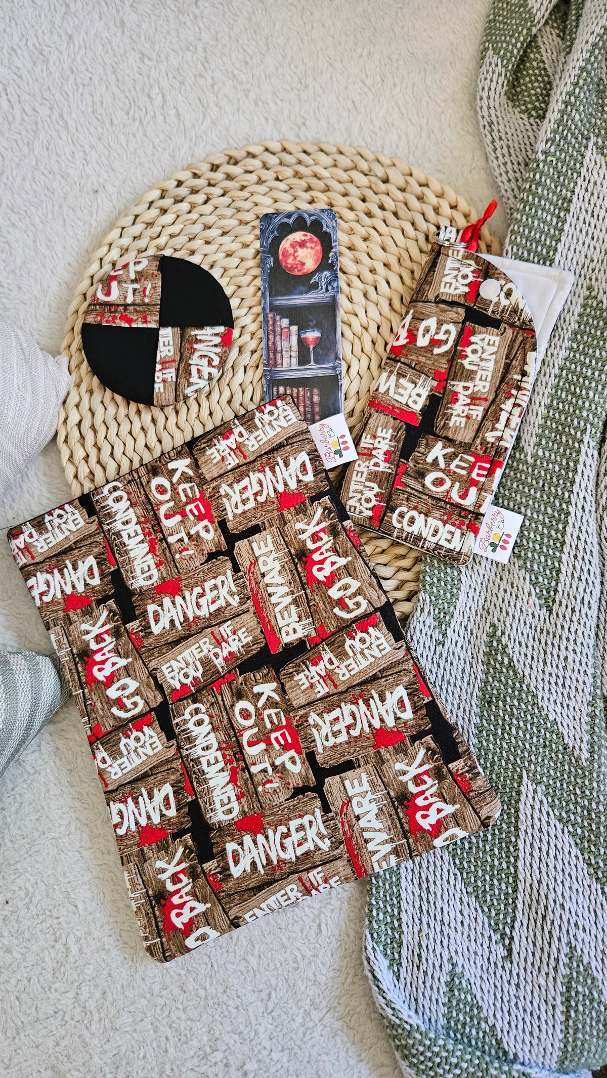 Danger, Danger Reader's Bundle. Book sleeve, glasses case, coaster, and bookmark.