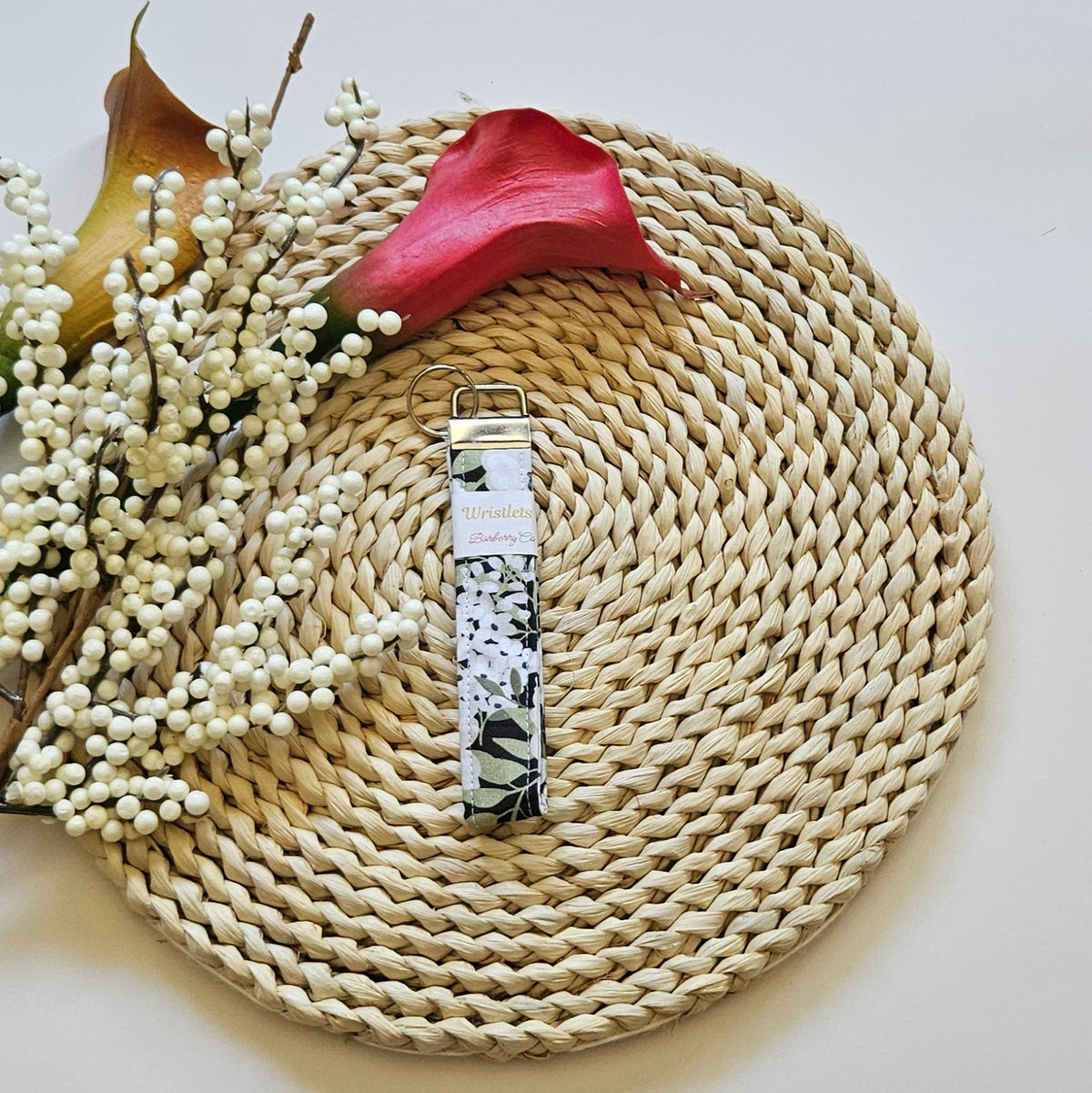 White and Black Floral Wristlet Keychain